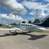 Cessna 414 pressurized twin-engine aircraft on airport ramp
