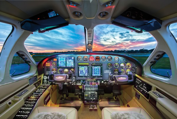 Cessna 414 Cockpit and Avionics at Sunset – Pilot’s View