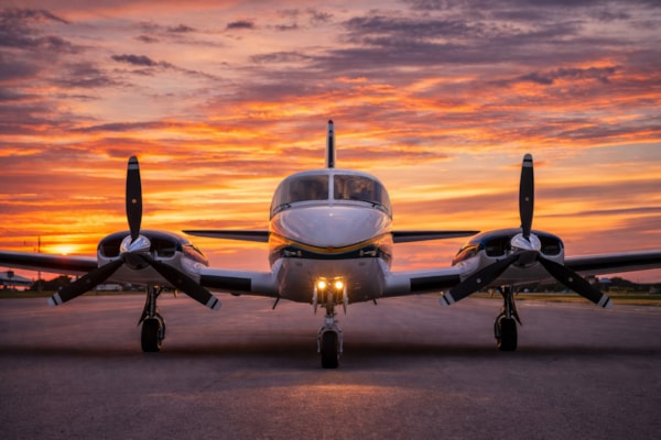 Cessna 414 Twin-Engine Aircraft on Runway at Sunset